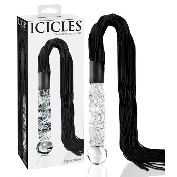 Icicles No. 38 - kožený šlehač, zvlněné skleněné dildo (průsvitně černé)