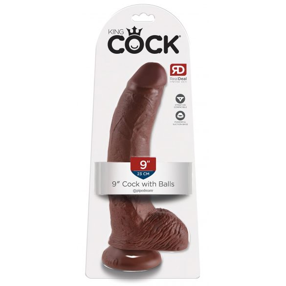 King Cock 9 - velké připínací, varlatové dildo (23 cm) - hnědé