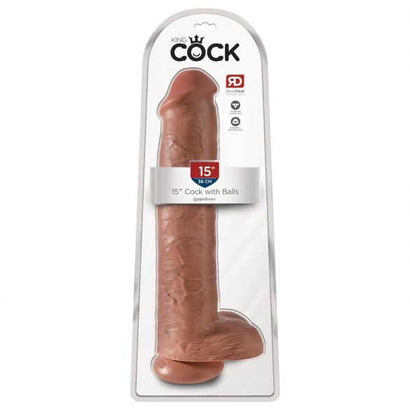 King Cock 15 - přísavkový, varlatový, obří dildo (38 cm) - tmavě přírodní