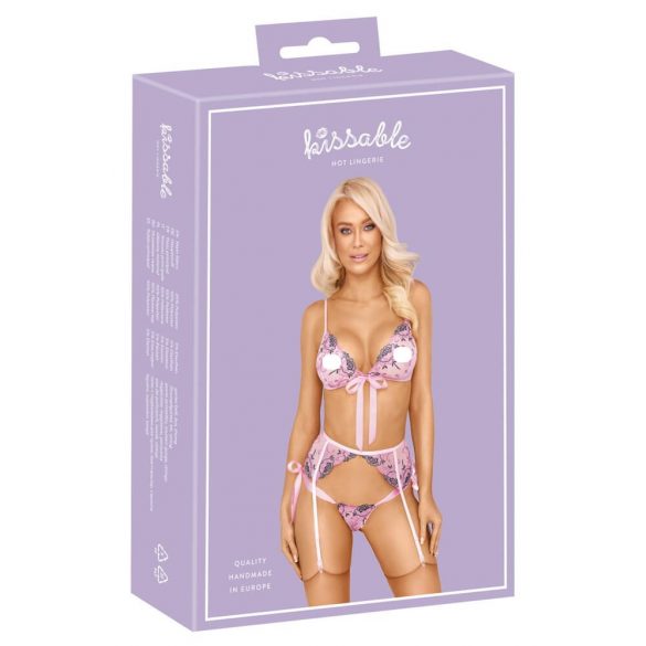 Kissable - vyšívaná souprava spodního prádla (růžová)  - L/XL