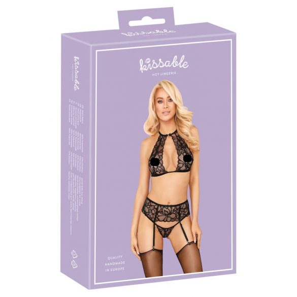 Ensemble soutien-gorge en dentelle à col (noir) - L/XL