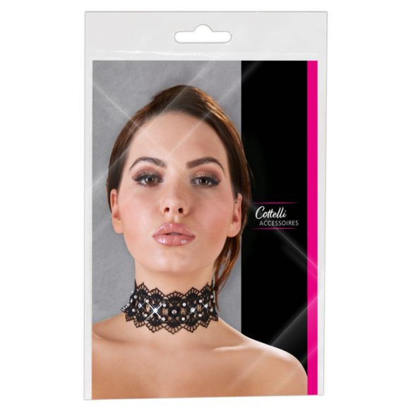 Cottelli - Zwarte kanten halsband met parels en strass