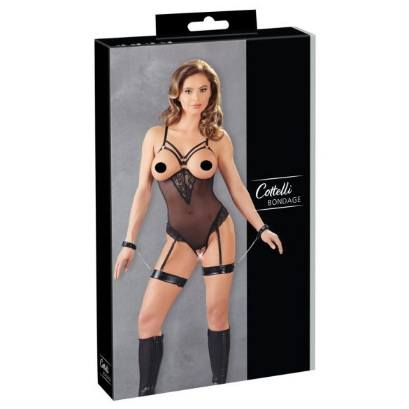 Cottelli Bondage - body avec anneaux métalliques et attaches pour les mains (noir)