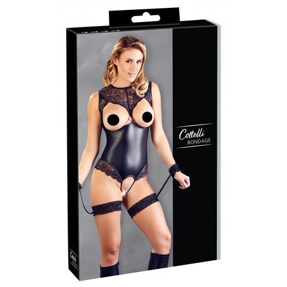 Cottelli Bondage - krajkové a lesklé otevřené tělo s pouty (černé)  - XL