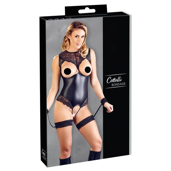 Cottelli Bondage - body ouvert brillant et menottes (noir) - XL