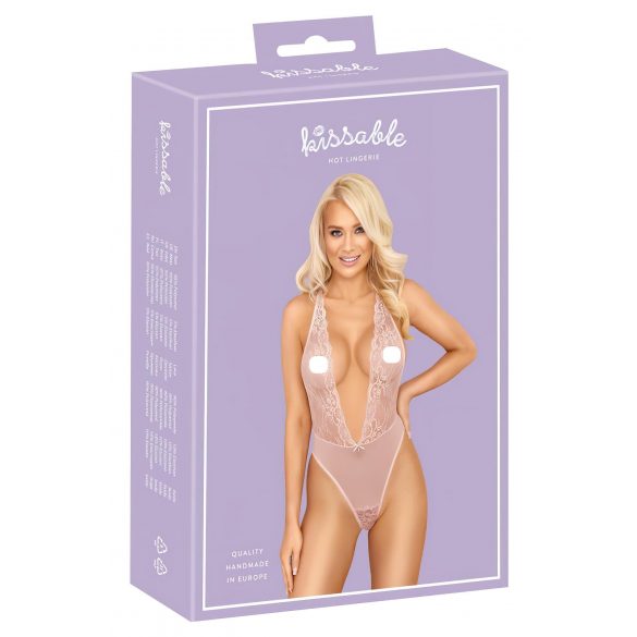 Kissable - krajkové body s hlubokým výstřihem (růžové)  - L/XL