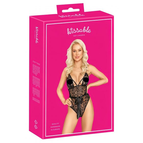 Kissable - krajkové body s mašlí (černé)  - L/XL