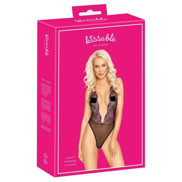 Kissable - růžové vyšívané body (černé)  - L/XL