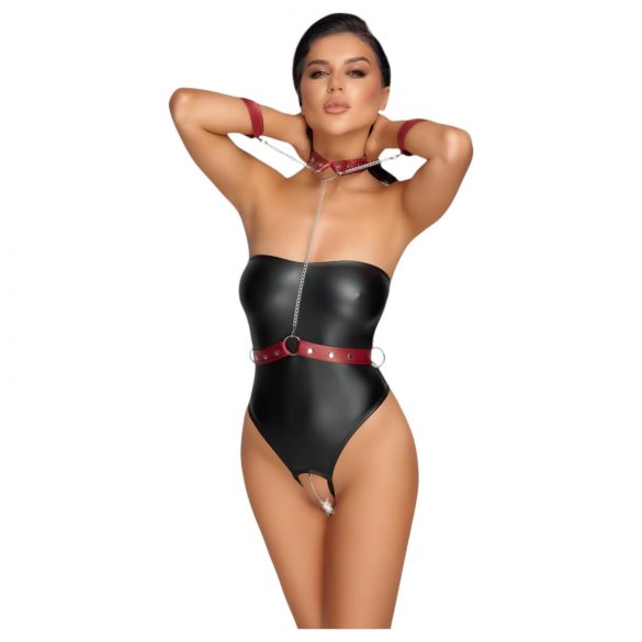 Cottelli Bondage - body brillant avec attaches pour les bras (noir-rouge) - M