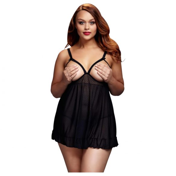 Baci Plus Size - tečkované, na prsou otevřené babydoll - černé (XL-XXL)