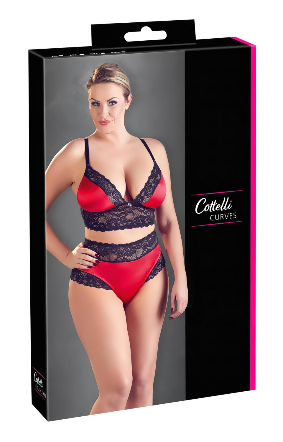 Cottelli Plus Size - souprava se saténovou krajkovou podprsenkou (černo-červená)