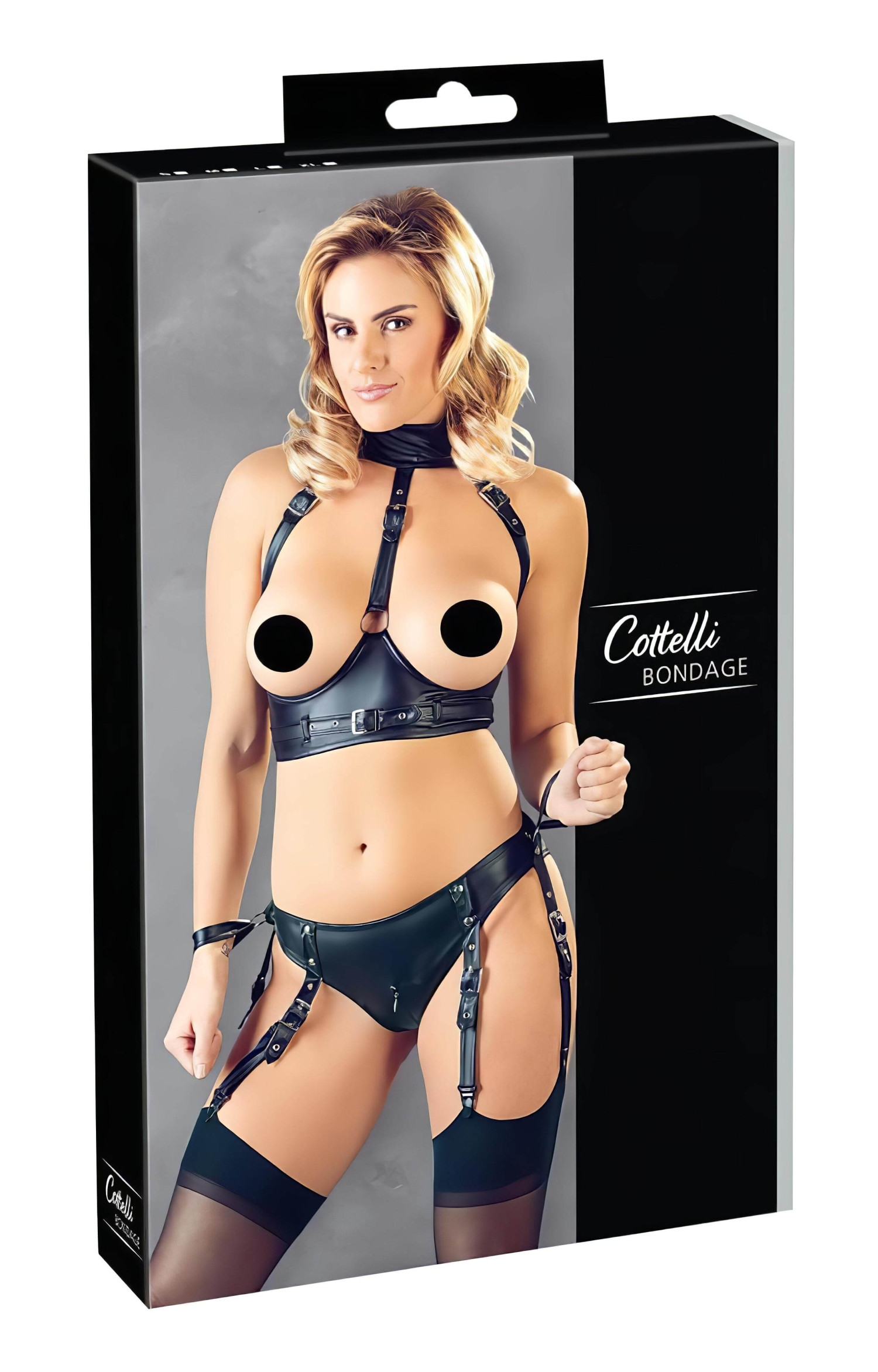 Cottelli Bondage - lesklá otevřená podprsenka s pouty (černá) - XL