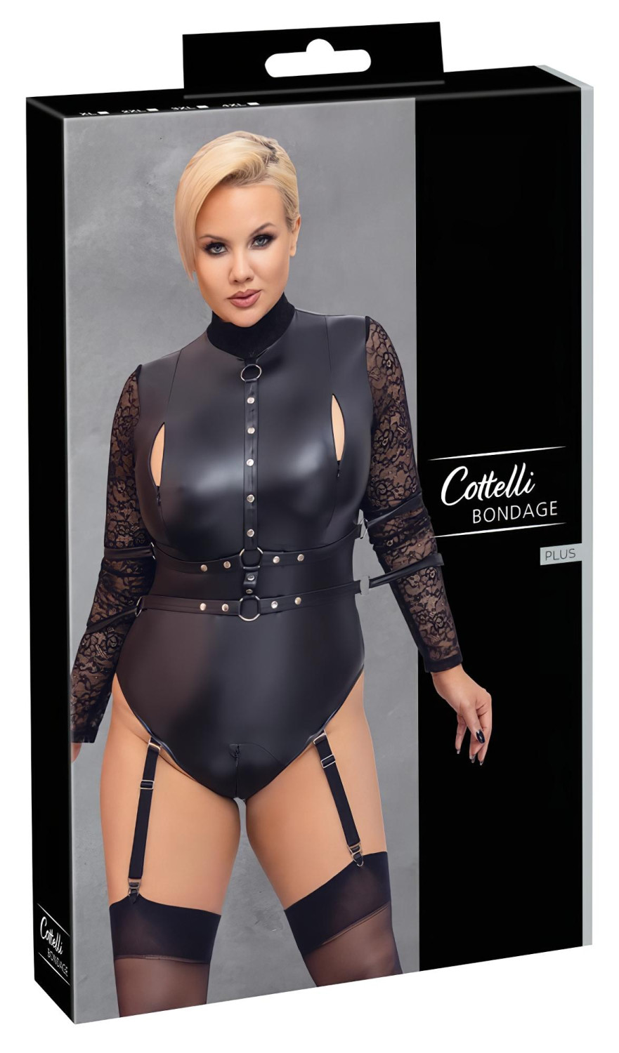 Cottelli Bondage Plus Size - krajkové body s rukávy (černé)-XL